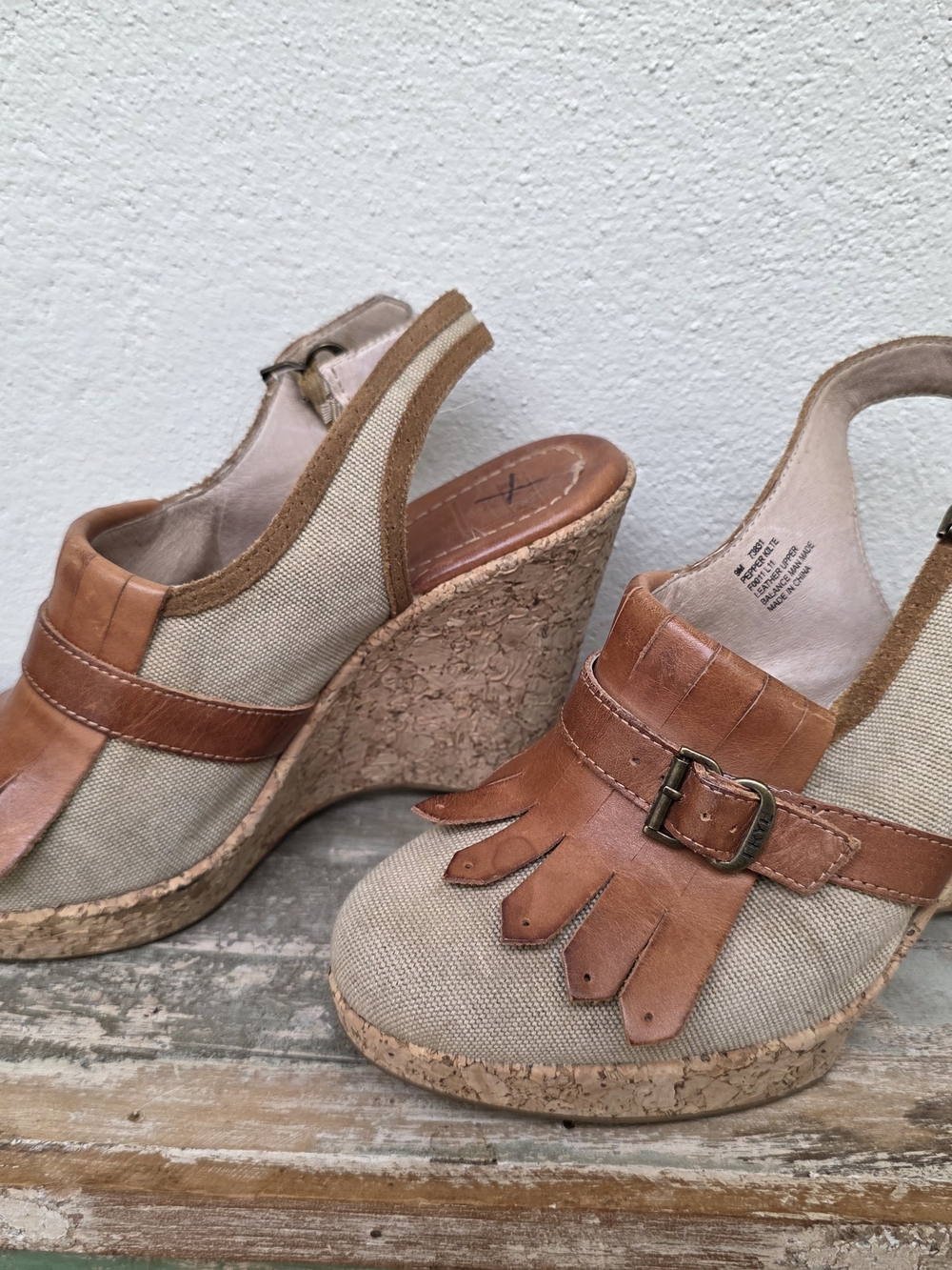 Frye Tan Leather and Beige Canvas Cork Wedge Slingbacks